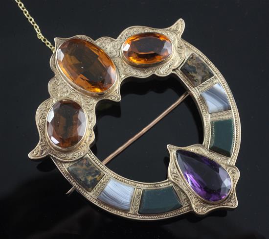A Victorian engraved gold, Scottish hardstone, amethyst and citrine open pendant brooch, 74mm.